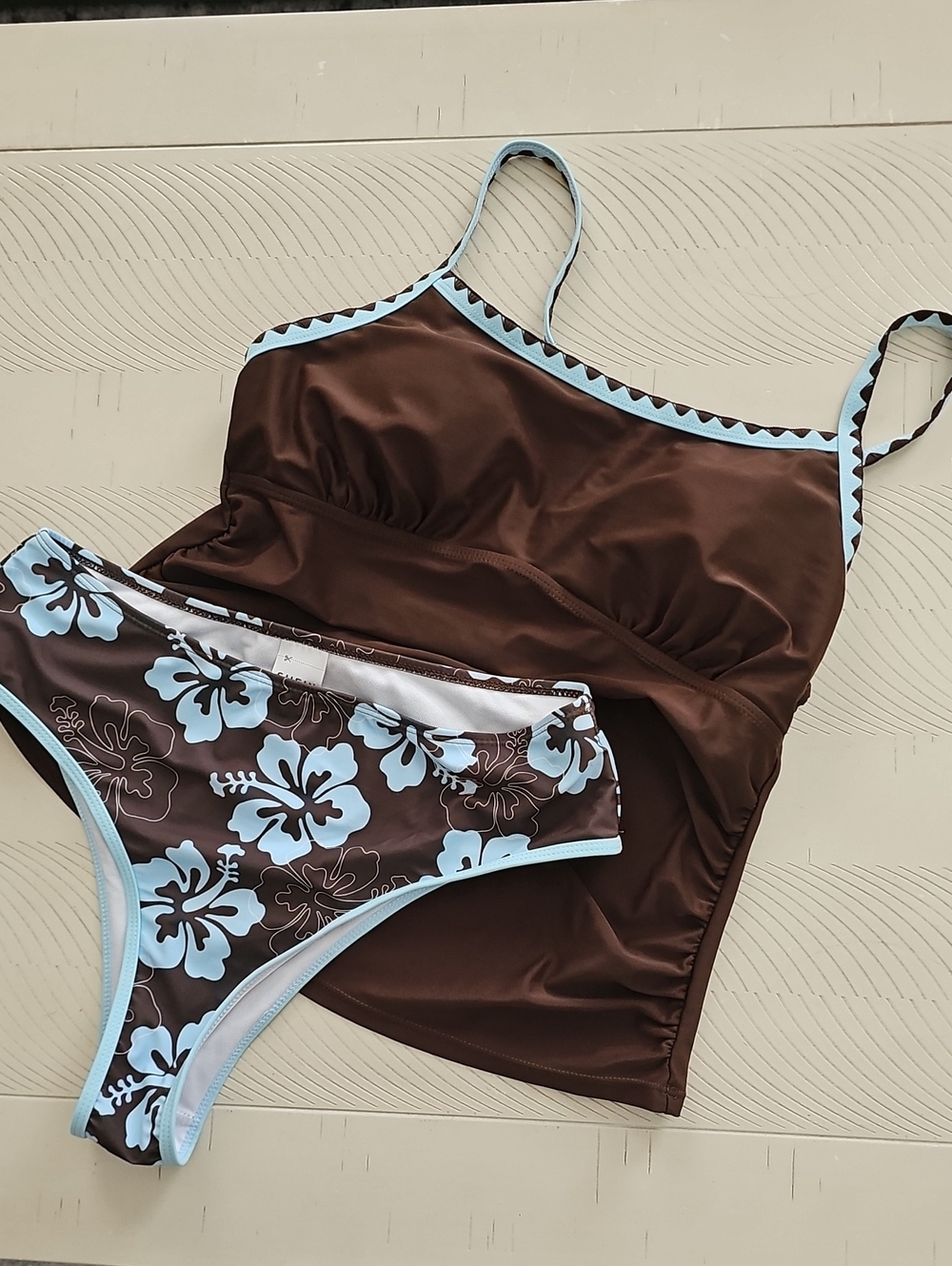 Brown & Light Blue Trim Tankini Set